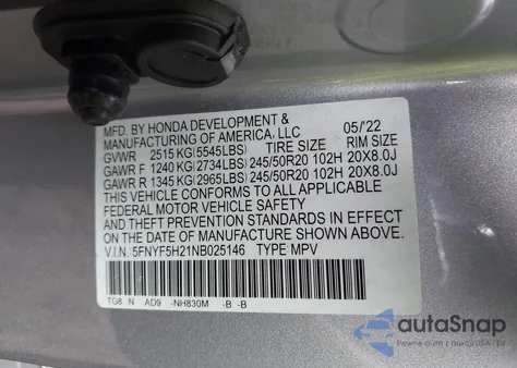 2022 Honda Pilot 2Wd Special Edition z USA, uszkodzony, nr VIN 5FNYF5H21NB025146
